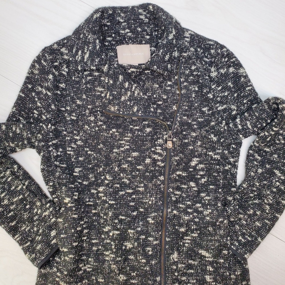 Banana Republic Womens Black White Knit‎ Zippy Moto Jacket Asymmetric Zip Size 0